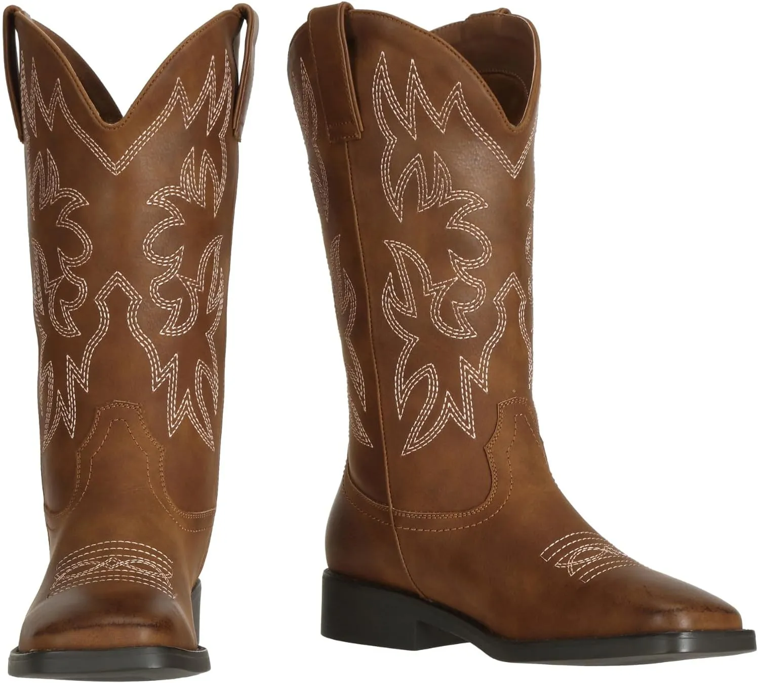 SheSole Women's Mid Calf Square Toe Cowgirl Western Cowboy Boots Brown