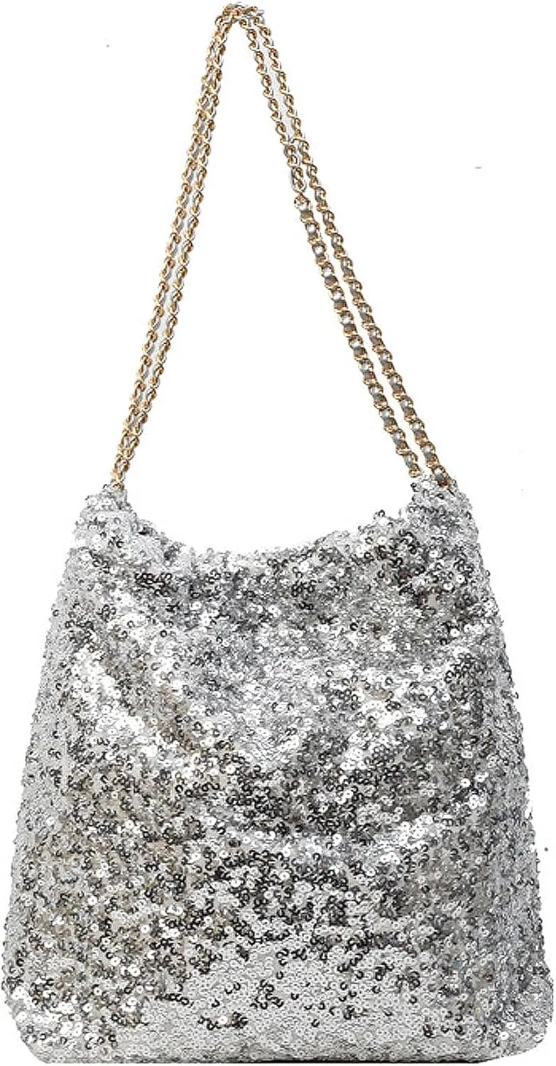 Shiny Hobo Shoulder Bag for Women Sparkle Sequins Chain Handbag Evening Bag Large Fashion Bling Tote Bags Satchel Purse