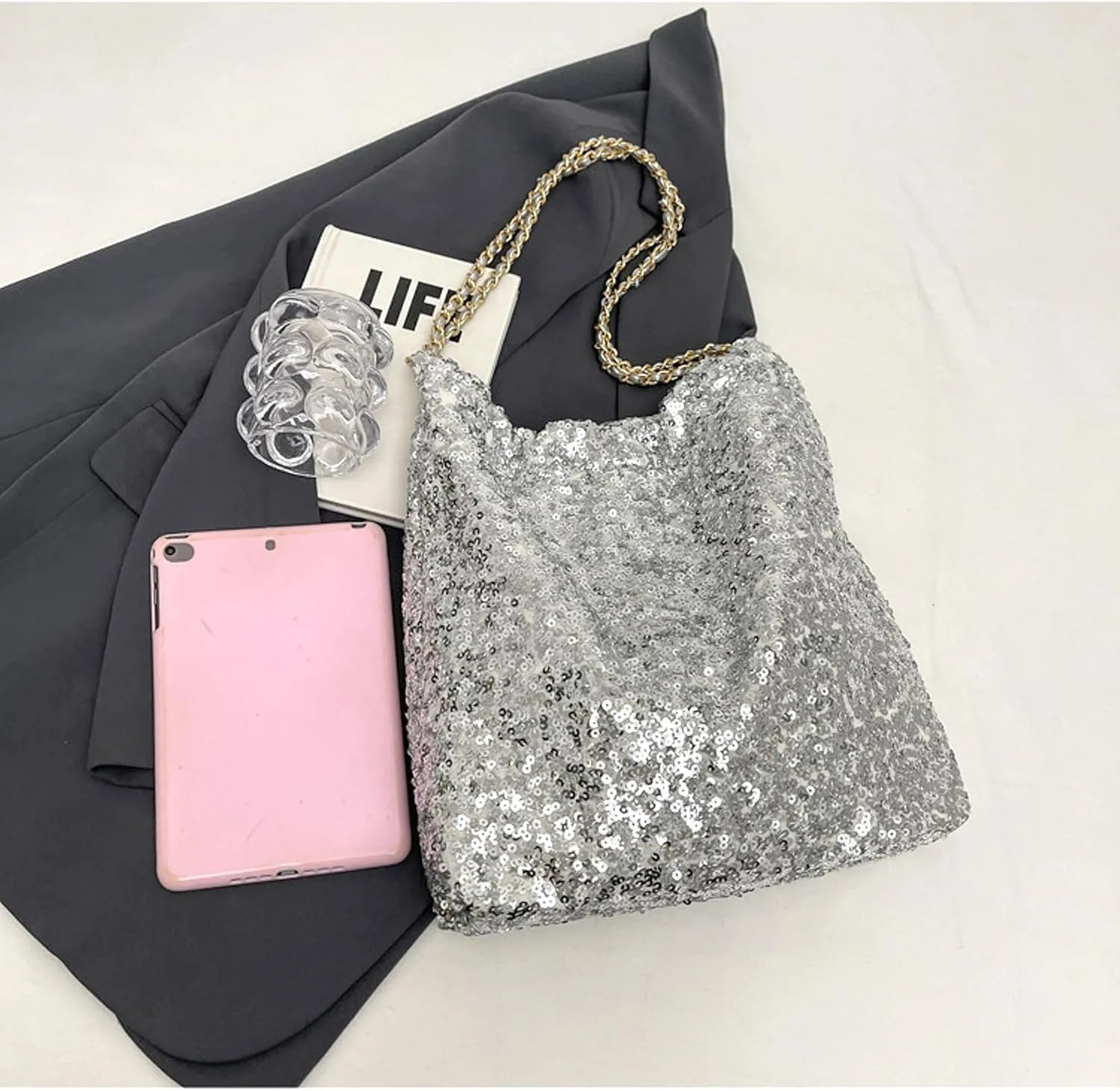 Shiny Hobo Shoulder Bag for Women Sparkle Sequins Chain Handbag Evening Bag Large Fashion Bling Tote Bags Satchel Purse