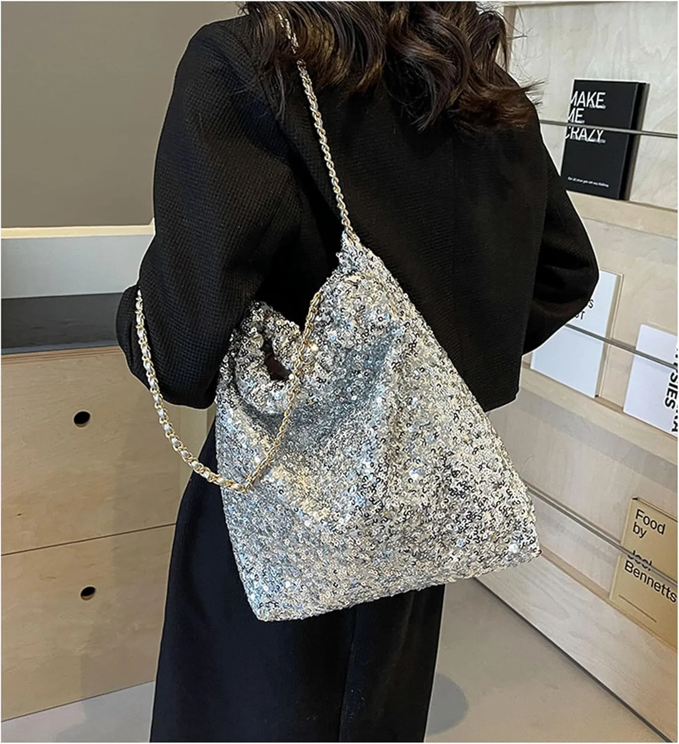 Shiny Hobo Shoulder Bag for Women Sparkle Sequins Chain Handbag Evening Bag Large Fashion Bling Tote Bags Satchel Purse