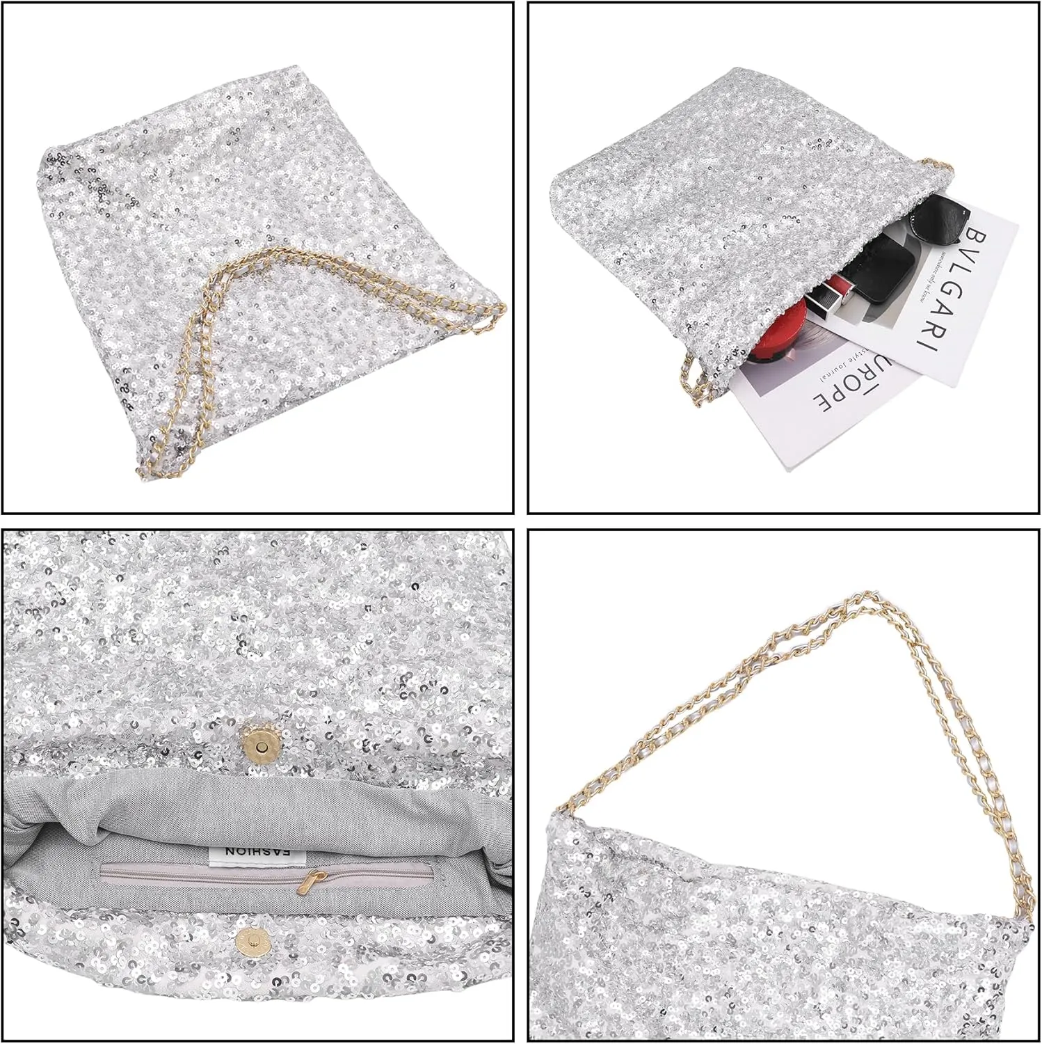 Shiny Hobo Shoulder Bag for Women Sparkle Sequins Chain Handbag Evening Bag Large Fashion Bling Tote Bags Satchel Purse