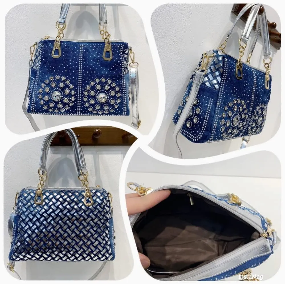 Shiny Rhinestone Denim Women Handbag Jeans Tote Bag Shoulder Bags Crystal Diamond Bag Crossbody Messenger Bag