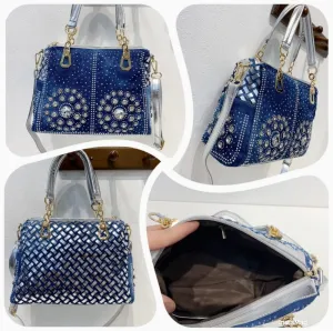 Shiny Rhinestone Denim Women Handbag Jeans Tote Bag Shoulder Bags Crystal Diamond Bag Crossbody Messenger Bag