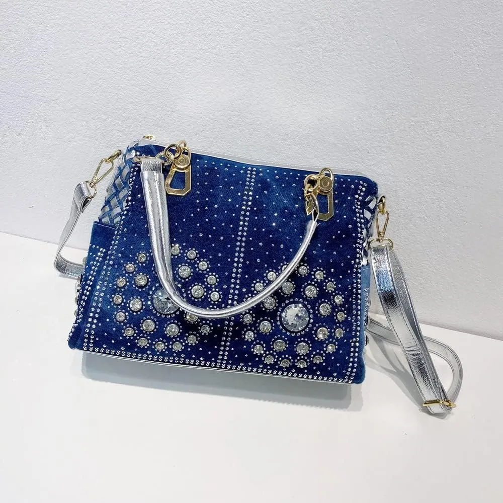 Shiny Rhinestone Denim Women Handbag Jeans Tote Bag Shoulder Bags Crystal Diamond Bag Crossbody Messenger Bag