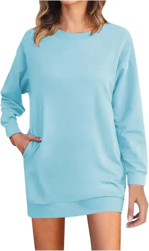Shirt Dresses for Women 2024 Fashion Long Sleeve Sweatshirt Dress Crewneck Mini Dress with Pockets Fall Pullover Top