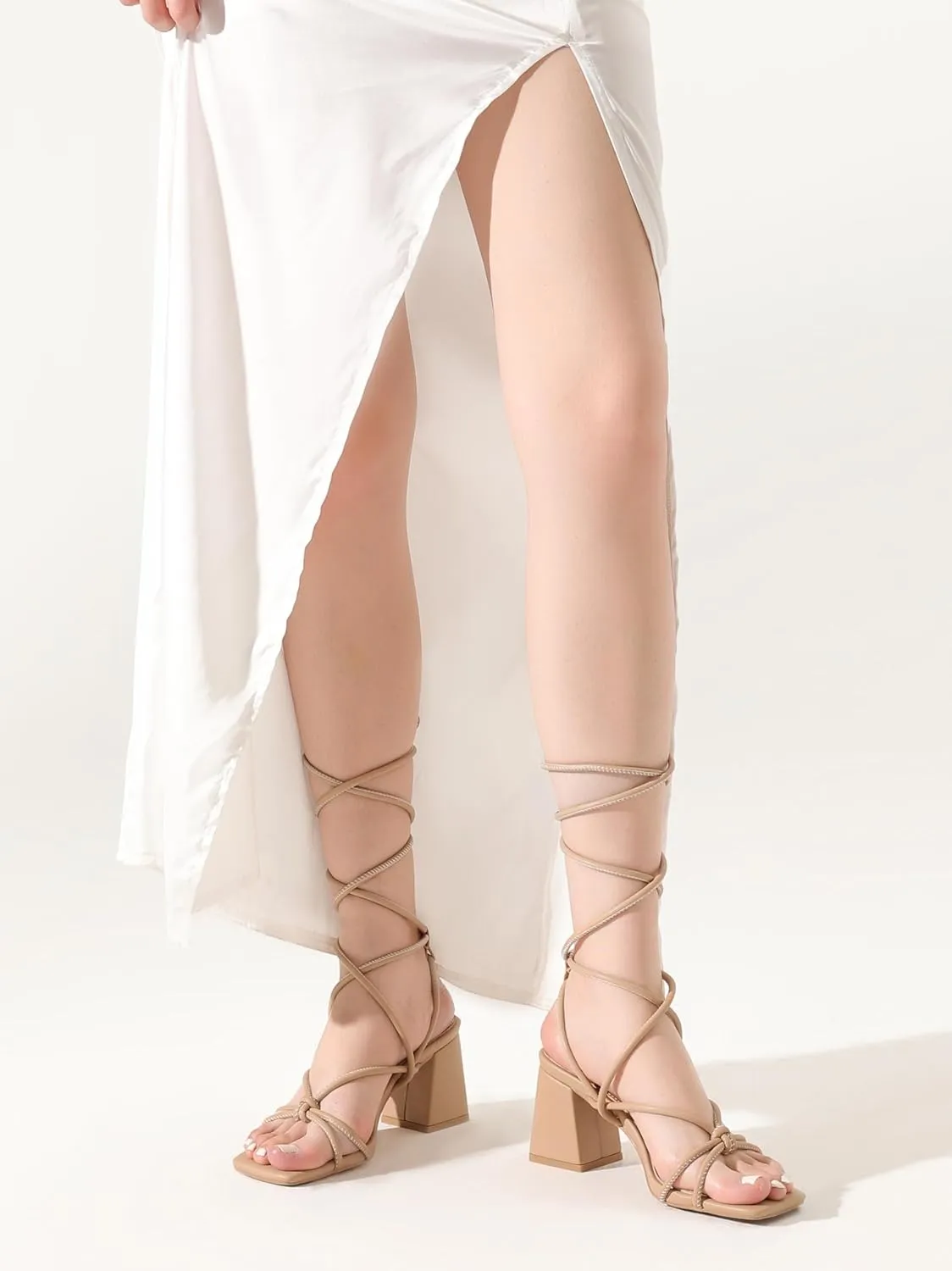 Shoe'N Tale Lace Up Heels for Women Ankle Strappy Gladiator High Heeled Sandals Chunky Block Heel Square Open Toe Criss Cross Dress Shoes