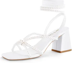 Shoe'N Tale Lace Up Heels for Women Ankle Strappy Gladiator High Heeled Sandals Chunky Block Heel Square Open Toe Criss Cross Dress Shoes