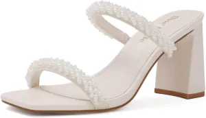 Shoe'N Tale Pearl Strappy Heels for Women Two Band Chunky Block Heeled Sandals Square Open Toe Backless Mules Slip On Pumps Dressy Shoes