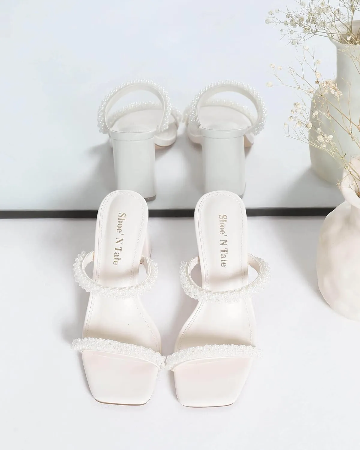 Shoe'N Tale Pearl Strappy Heels for Women Two Band Chunky Block Heeled Sandals Square Open Toe Backless Mules Slip On Pumps Dressy Shoes