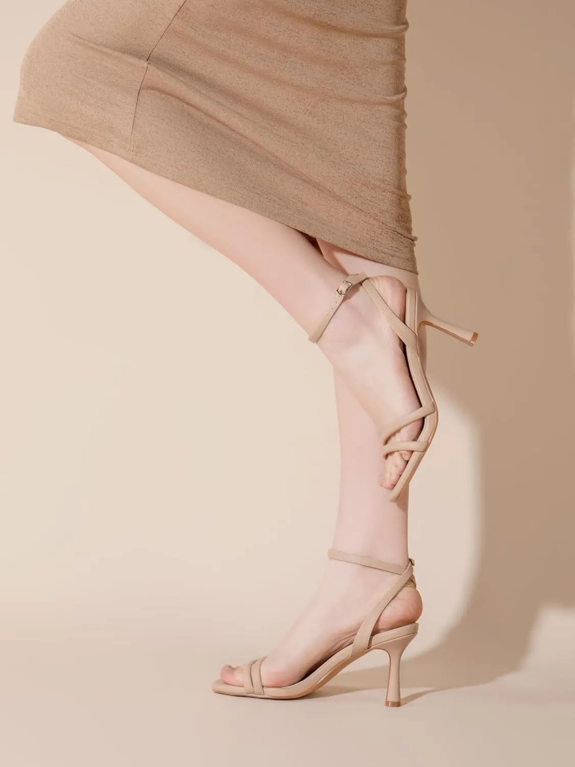 Shoe'N Tale Women's Strappy Heels Sexy Stilettos Summer Heeled Sandals High Heel Ankle Buckle Square Toe Dressy Shoes