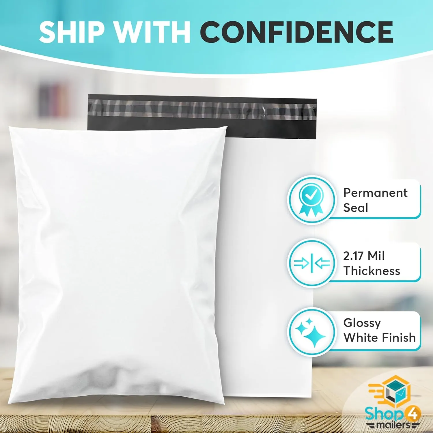 Shop4Mailers 24 x 24 Glossy White Plastic Self Seal Poly Mailer Flat Bags Waterproof Shipping Envelope 2.17 Mil for Apparel, Clothes, Shirts, Books – Permanent Adhesive Seal (250 Pack)