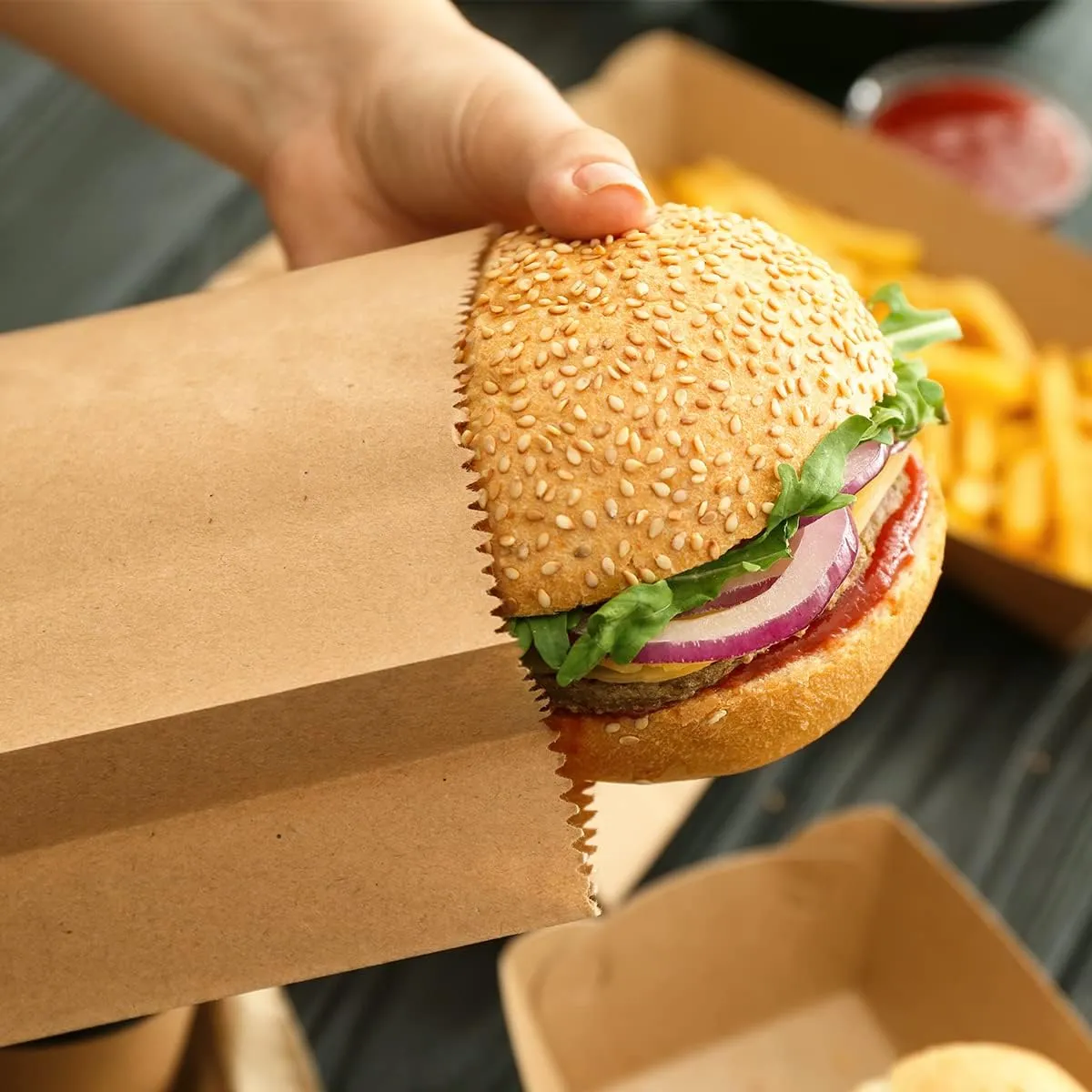 SHOPDAY 100 Pack Brown Kraft Paper Lunch Bags, 4lb Capacity, 5x2.95x9.45 Inches, Fold Top, Disposable, Brown