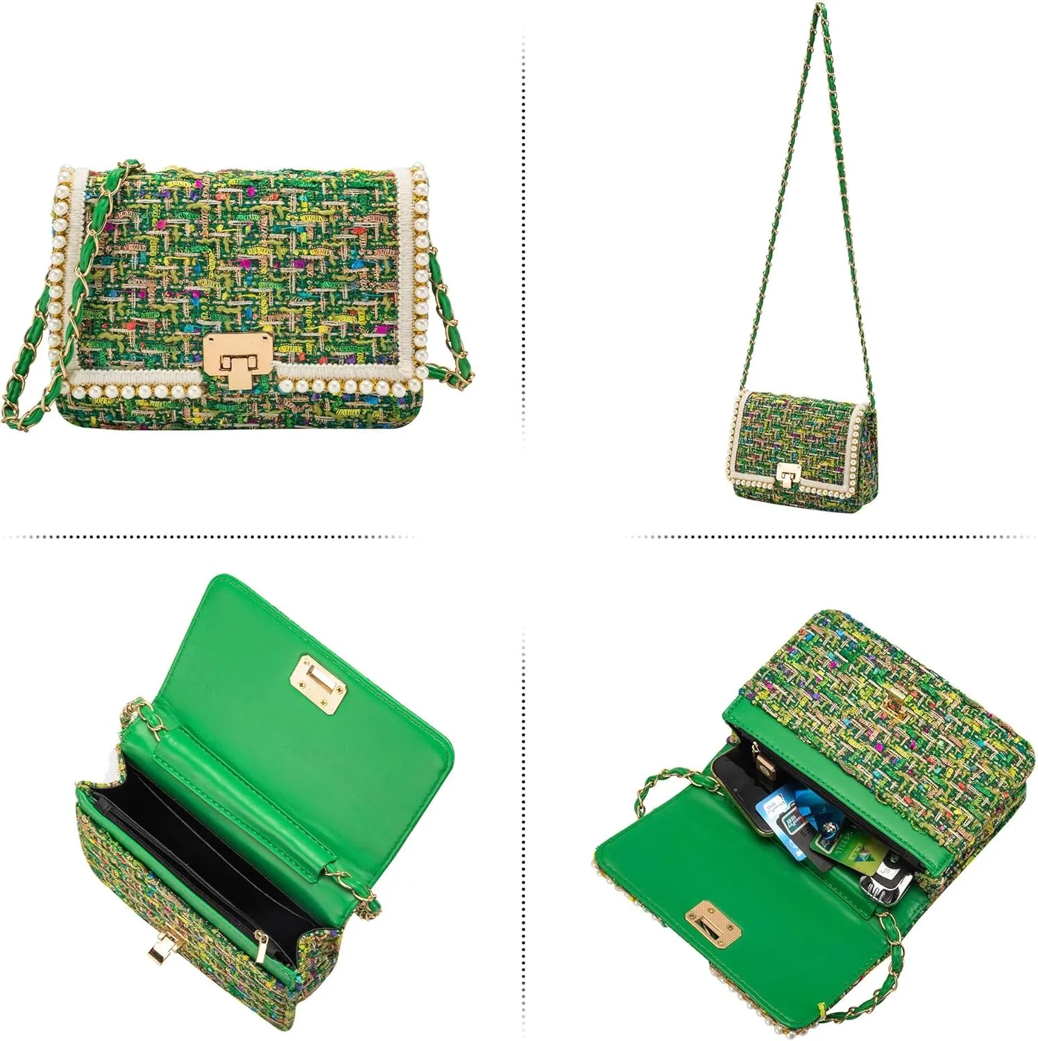 Shoulder Bag Chain Purse for Women, Fashion Clutch Crossbody Bag Retro Tweed Pearl Underarm Bag Square Satchel Handbag