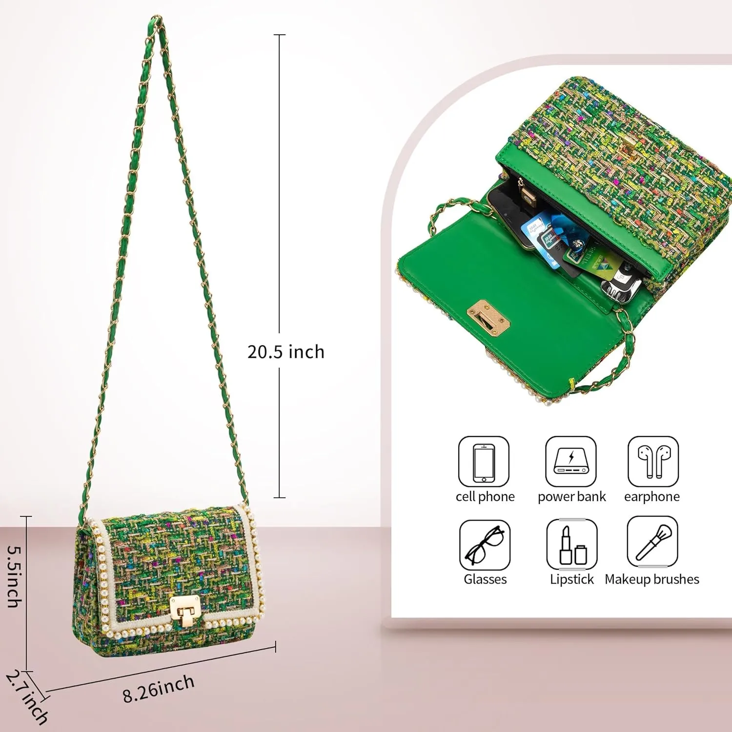 Shoulder Bag Chain Purse for Women, Fashion Clutch Crossbody Bag Retro Tweed Pearl Underarm Bag Square Satchel Handbag