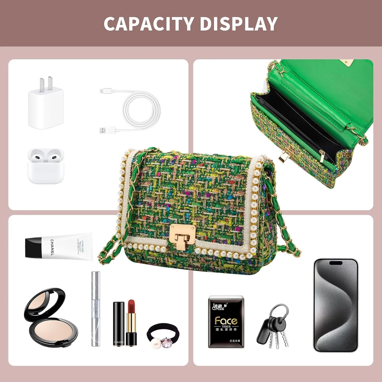 Shoulder Bag Chain Purse for Women, Fashion Clutch Crossbody Bag Retro Tweed Pearl Underarm Bag Square Satchel Handbag