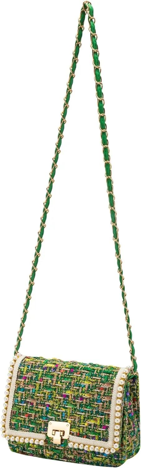 Shoulder Bag Chain Purse for Women, Fashion Clutch Crossbody Bag Retro Tweed Pearl Underarm Bag Square Satchel Handbag
