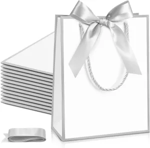 Silkfly 24 Pcs Thank You Gift Bags with Handles Graduation Elegant Gift Bags with Bow Ribbon for Anniversary Wedding Bridal Baby Shower Birthday Housewarming Party(White,Silver)