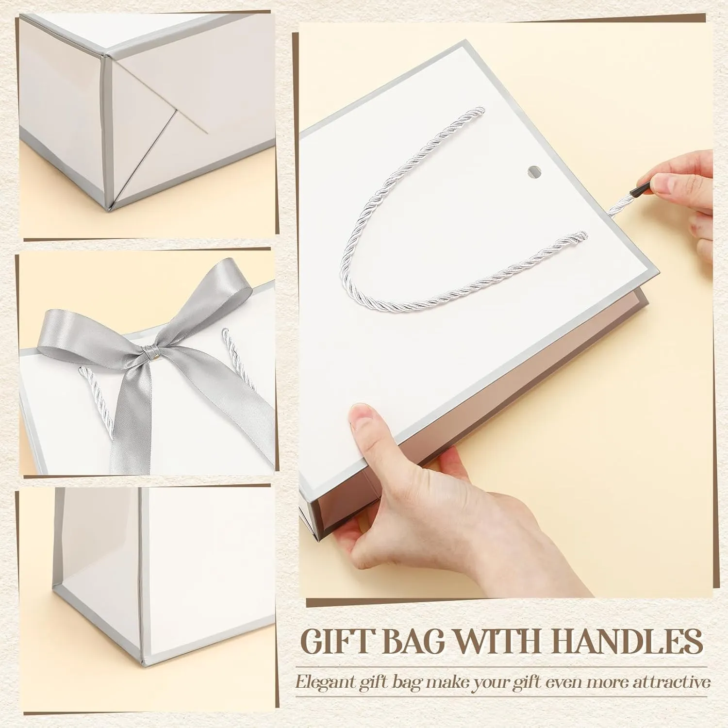 Silkfly 24 Pcs Thank You Gift Bags with Handles Graduation Elegant Gift Bags with Bow Ribbon for Anniversary Wedding Bridal Baby Shower Birthday Housewarming Party(White,Silver)