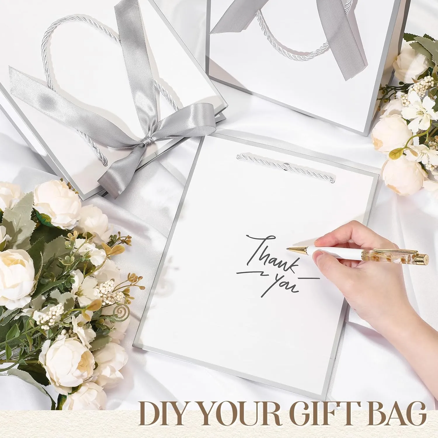 Silkfly 24 Pcs Thank You Gift Bags with Handles Graduation Elegant Gift Bags with Bow Ribbon for Anniversary Wedding Bridal Baby Shower Birthday Housewarming Party(White,Silver)