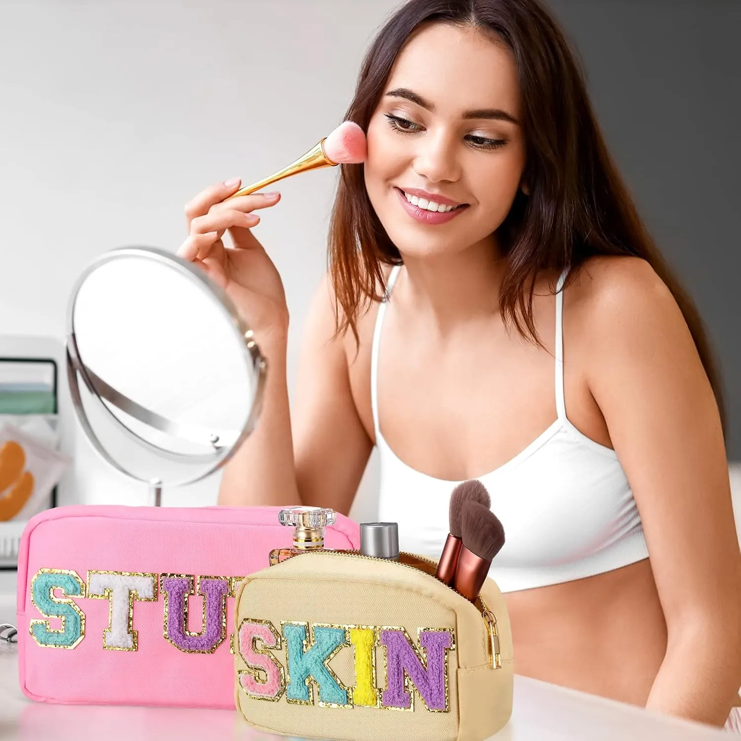 Silkfly 3 Pcs Preppy Makeup Bag Chenille Letter Nylon Cosmetic Bags Organizer Travel Pouches Set for Women(Happy,Pink, Beige, Blue)