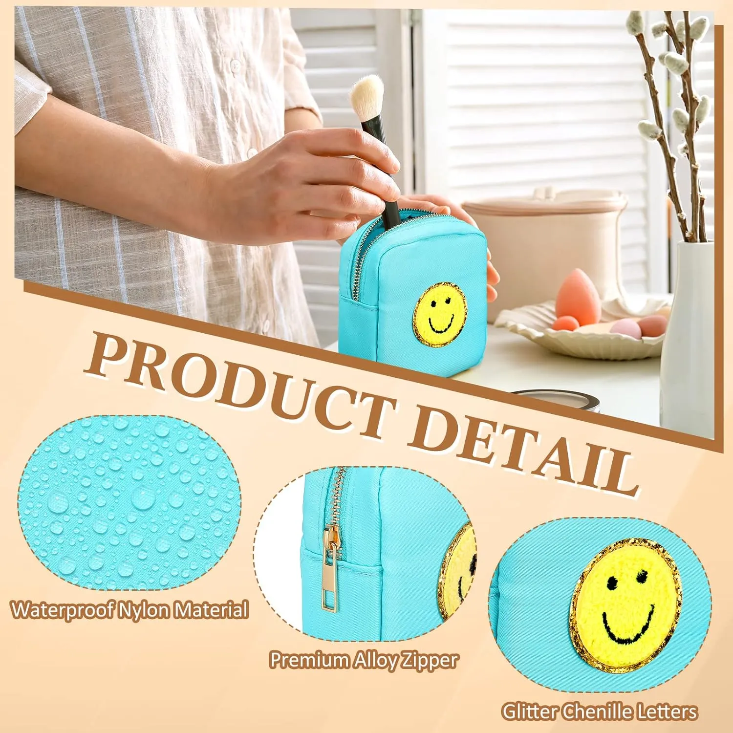 Silkfly 3 Pcs Preppy Makeup Bag Chenille Letter Nylon Cosmetic Bags Organizer Travel Pouches Set for Women(Happy,Pink, Beige, Blue)