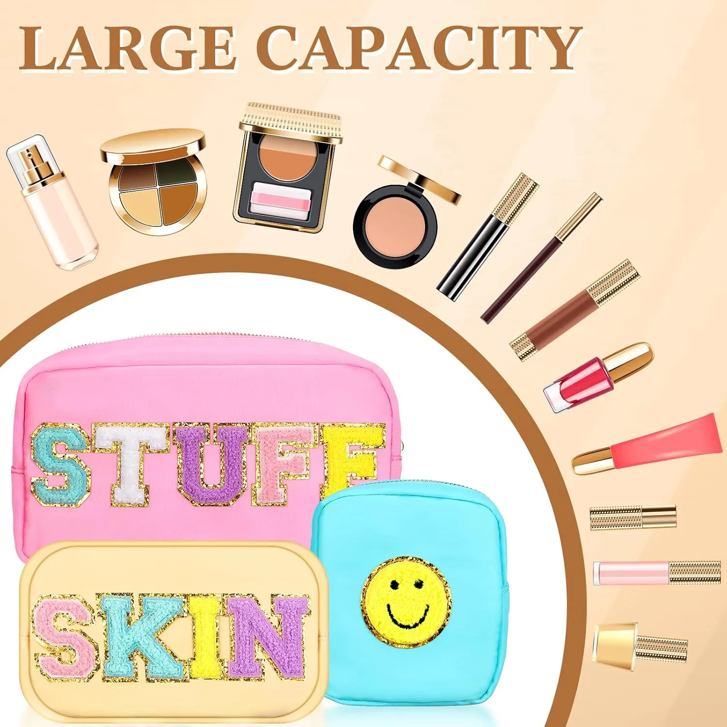 Silkfly 3 Pcs Preppy Makeup Bag Chenille Letter Nylon Cosmetic Bags Organizer Travel Pouches Set for Women(Happy,Pink, Beige, Blue)