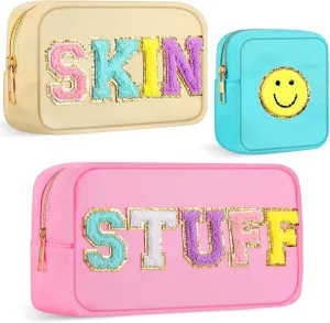 Silkfly 3 Pcs Preppy Makeup Bag Chenille Letter Nylon Cosmetic Bags Organizer Travel Pouches Set for Women(Happy,Pink, Beige, Blue)