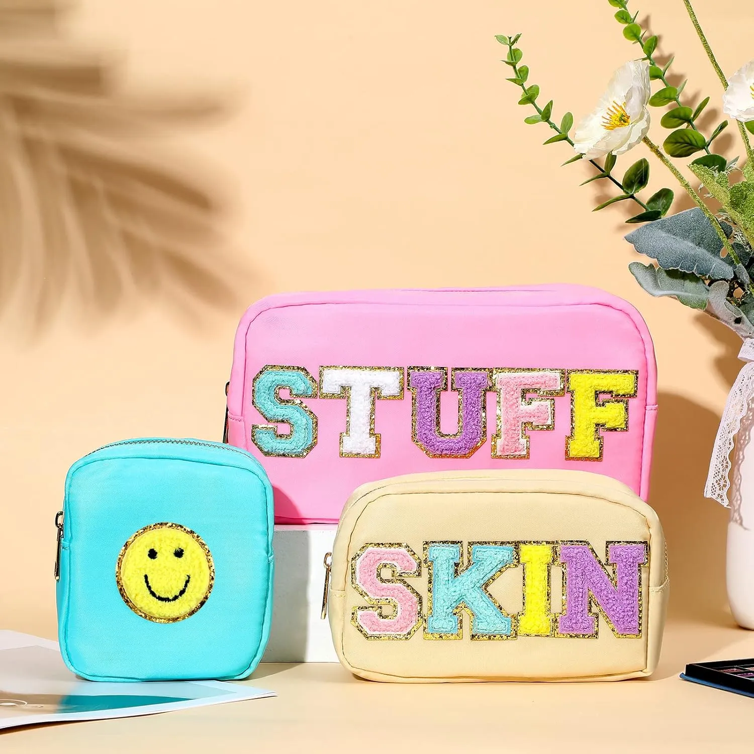 Silkfly 3 Pcs Preppy Makeup Bag Chenille Letter Nylon Cosmetic Bags Organizer Travel Pouches Set for Women(Happy,Pink, Beige, Blue)