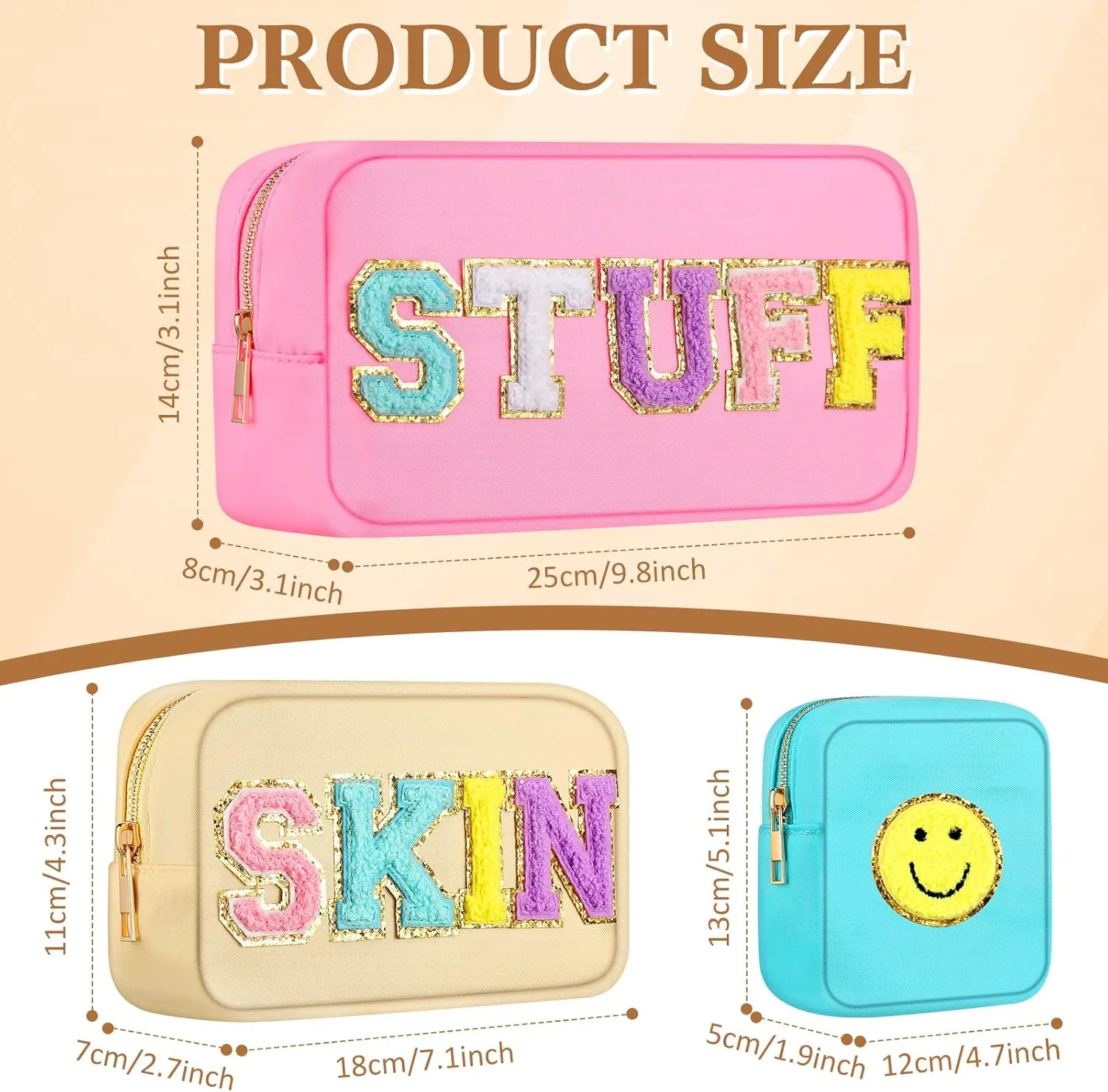 Silkfly 3 Pcs Preppy Makeup Bag Chenille Letter Nylon Cosmetic Bags Organizer Travel Pouches Set for Women(Happy,Pink, Beige, Blue)