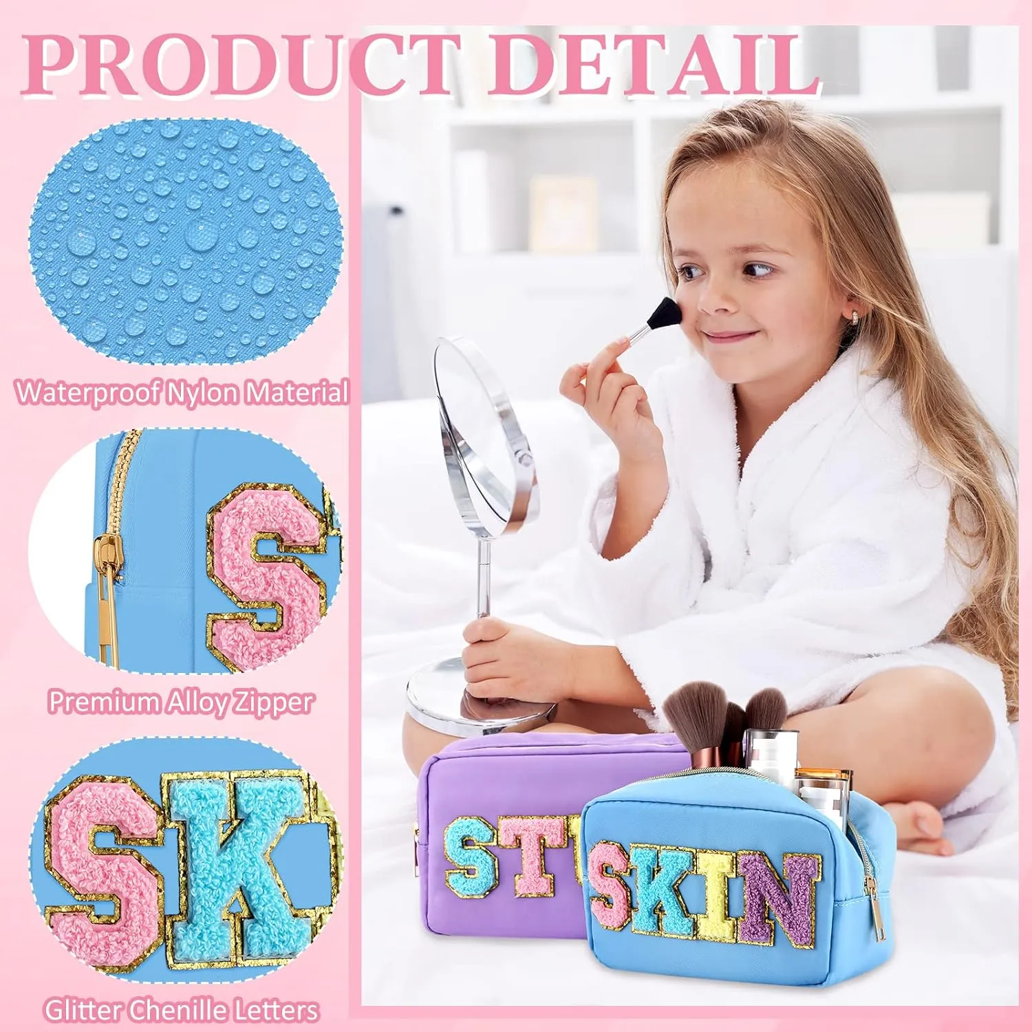 Silkfly 3 Pcs Preppy Makeup Bag Chenille Letter Nylon Cosmetic Bags Organizer Travel Pouches Set for Women(Happy,Purple, Light Blue, Light Pink)