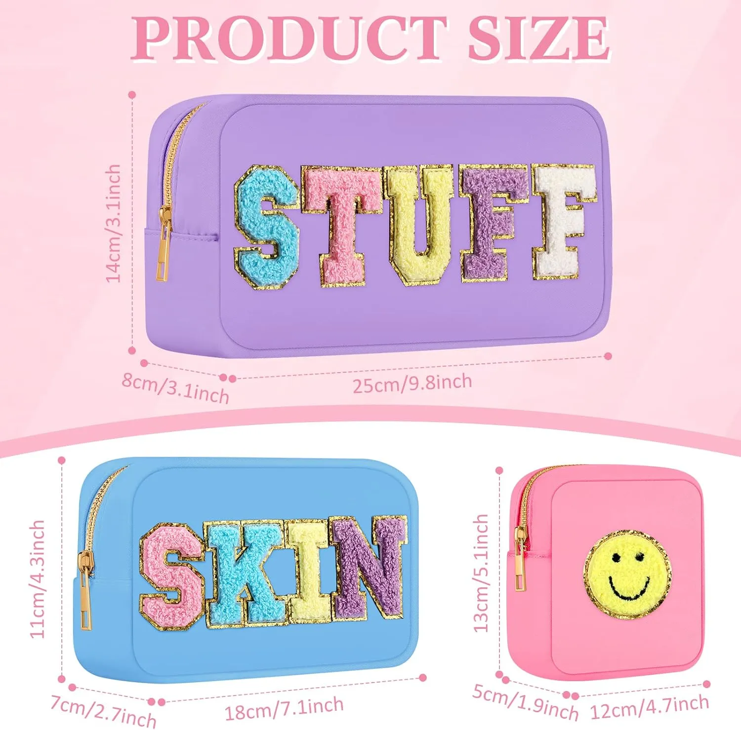 Silkfly 3 Pcs Preppy Makeup Bag Chenille Letter Nylon Cosmetic Bags Organizer Travel Pouches Set for Women(Happy,Purple, Light Blue, Light Pink)