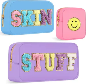 Silkfly 3 Pcs Preppy Makeup Bag Chenille Letter Nylon Cosmetic Bags Organizer Travel Pouches Set for Women(Happy,Purple, Light Blue, Light Pink)