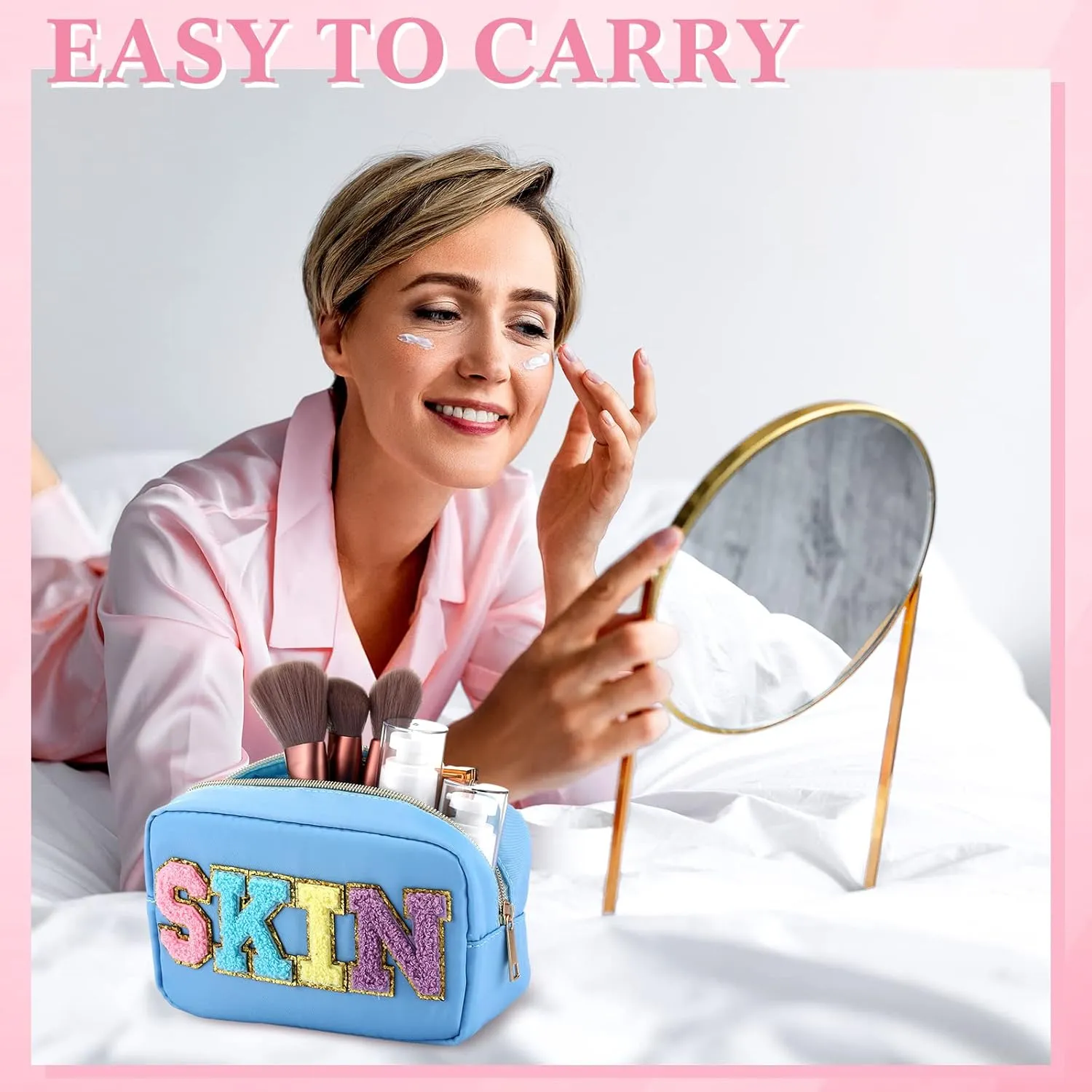 Silkfly 3 Pcs Preppy Makeup Bag Chenille Letter Nylon Cosmetic Bags Organizer Travel Pouches Set for Women(Happy,Purple, Light Blue, Light Pink)