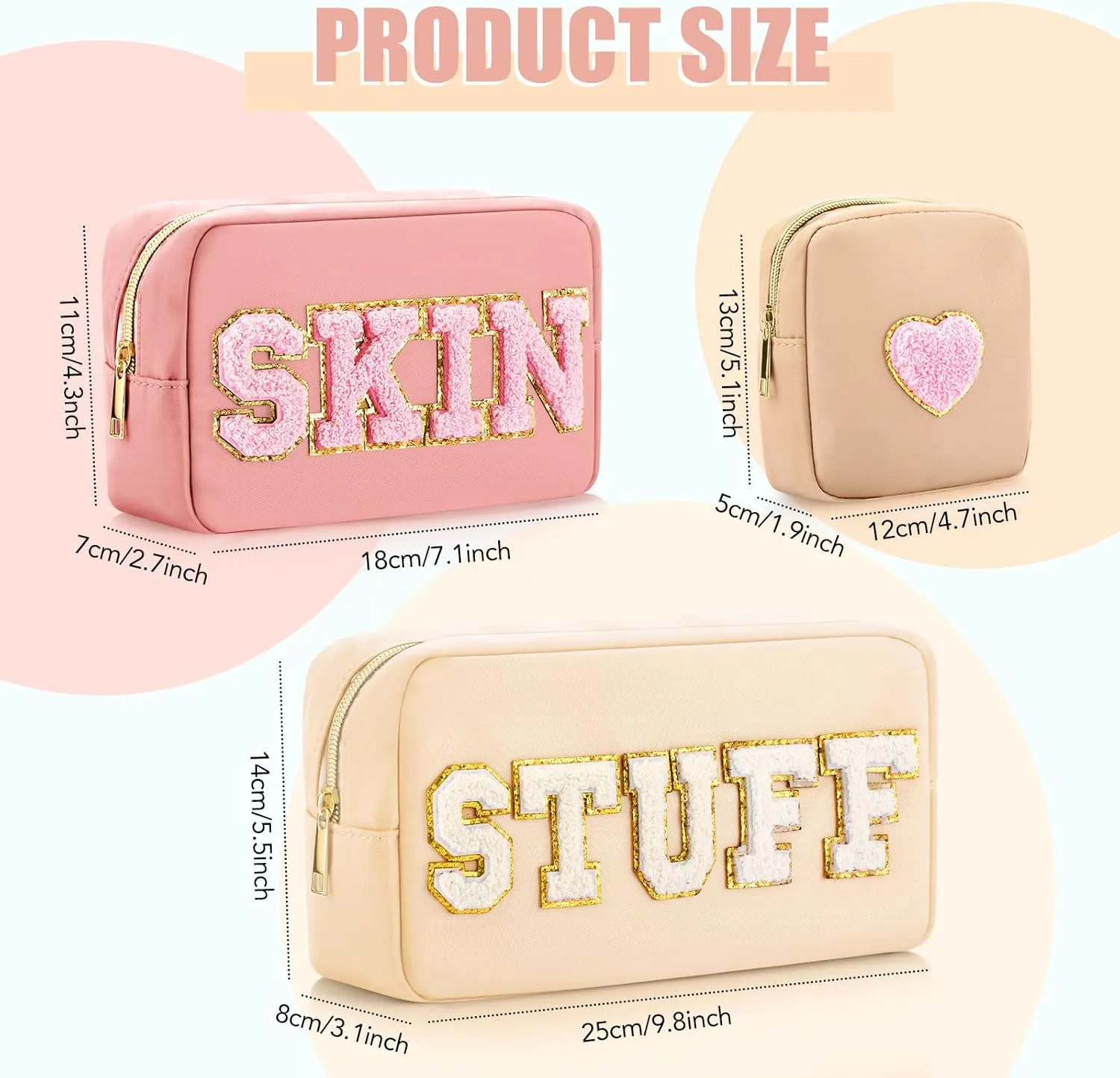 Silkfly 3 Pcs Preppy Makeup Bag Chenille Letter Nylon Cosmetic Bags Organizer Travel Pouches Set for Women(Heart,Beige, Lotus Pink, Khaki)