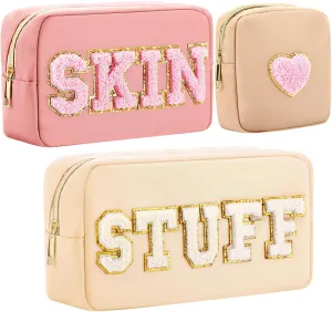 Silkfly 3 Pcs Preppy Makeup Bag Chenille Letter Nylon Cosmetic Bags Organizer Travel Pouches Set for Women(Heart,Beige, Lotus Pink, Khaki)