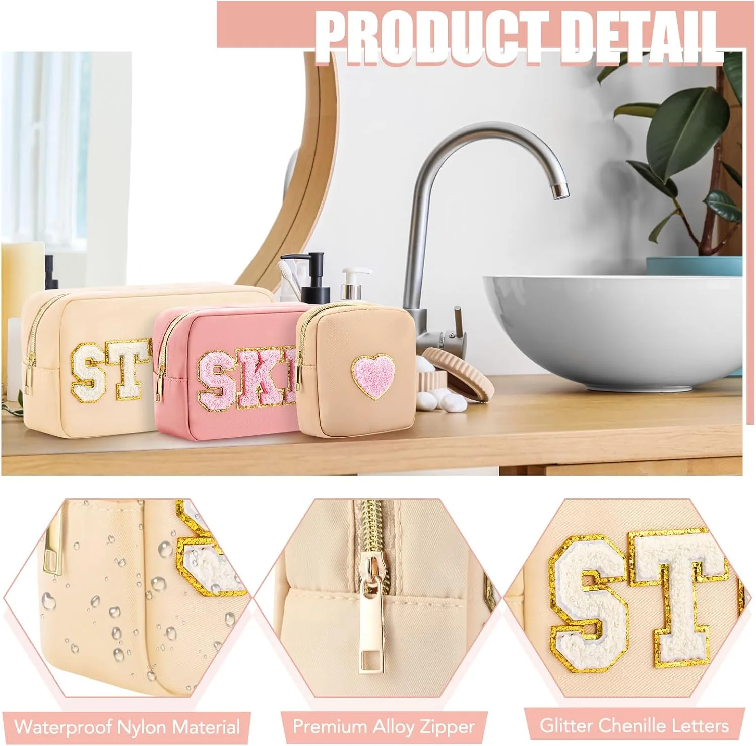 Silkfly 3 Pcs Preppy Makeup Bag Chenille Letter Nylon Cosmetic Bags Organizer Travel Pouches Set for Women(Heart,Beige, Lotus Pink, Khaki)