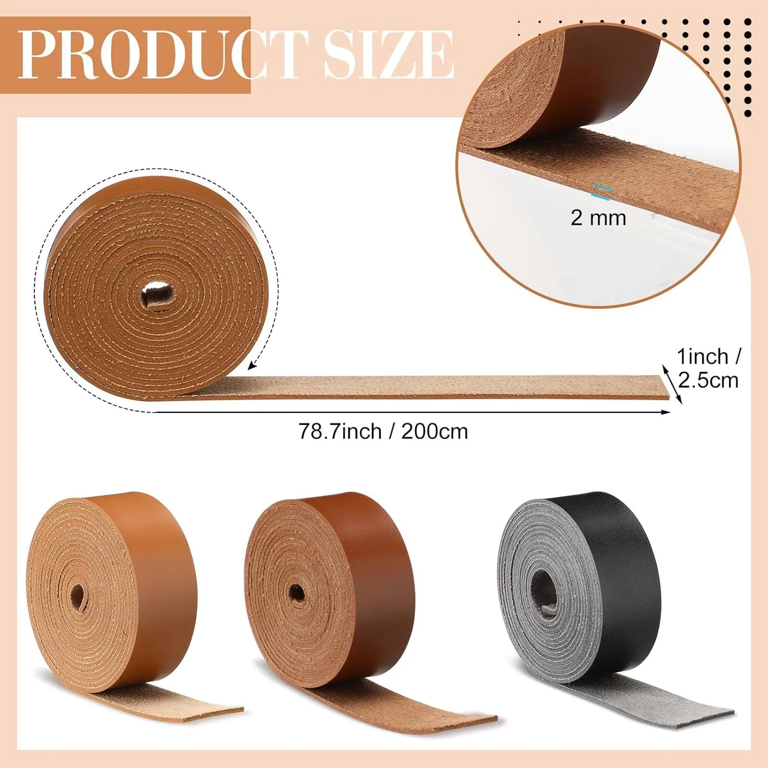 SilTriangle 3 Rolls Leather Straps for Crafts Single Sided Faux Leather Strips 2 mm Thickness 78.7 Inches Long for DIY Art Craft Projects Belt Tooling(1 Inch,3 Color)