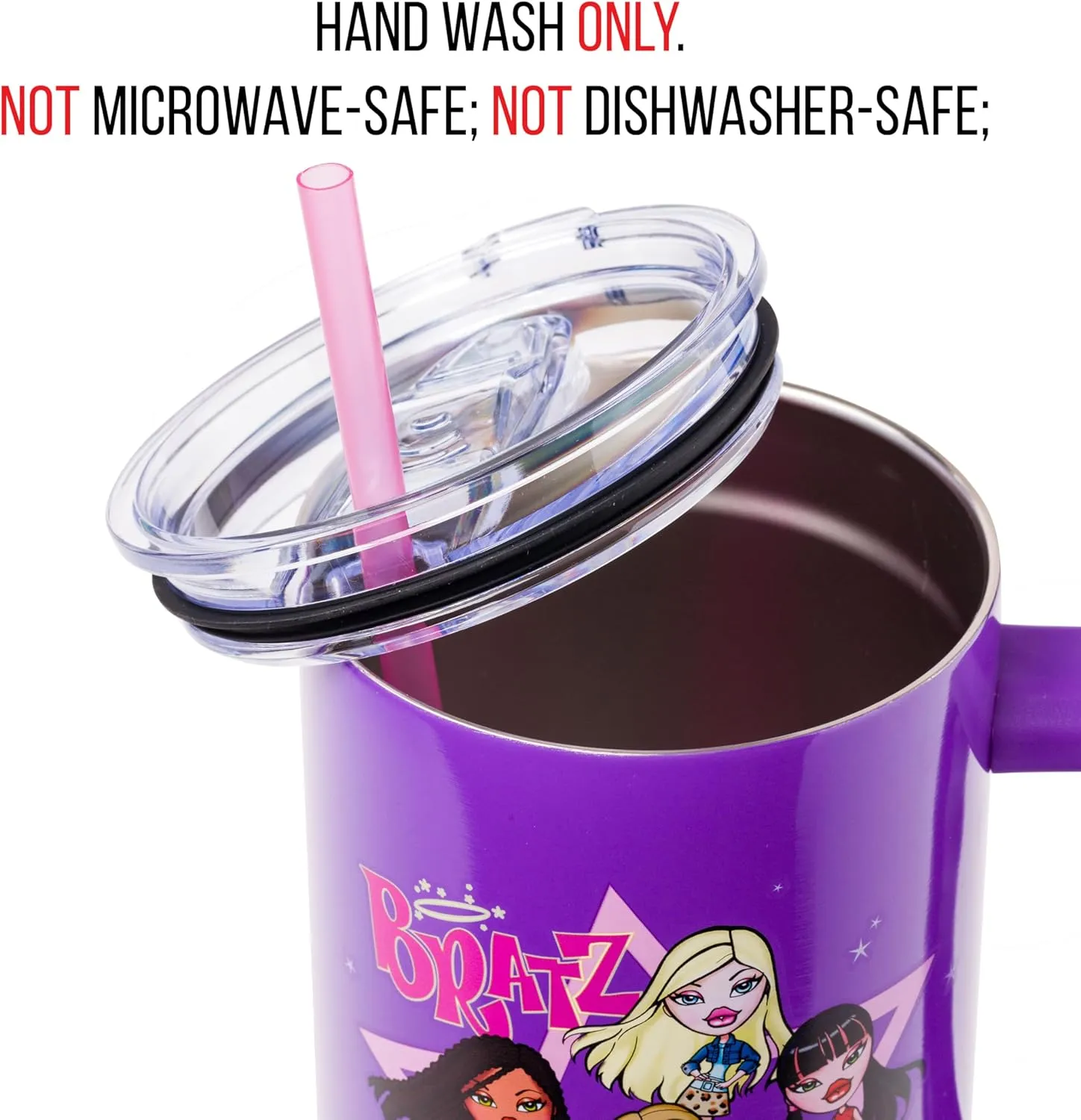 Silver Buffalo Bratz Featuring Cloe, Yasmin, Jade, and Sasha Stainless Steel Tumbler with Handle and Straw, Fits in Standard Cup Holder, 40 Ounces