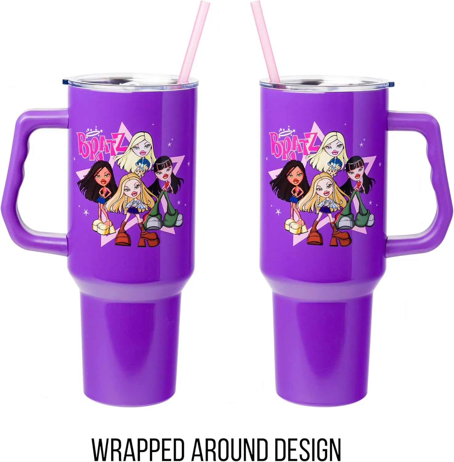 Silver Buffalo Bratz Featuring Cloe, Yasmin, Jade, and Sasha Stainless Steel Tumbler with Handle and Straw, Fits in Standard Cup Holder, 40 Ounces