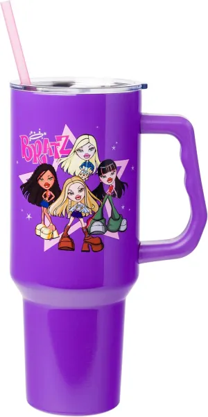 Silver Buffalo Bratz Featuring Cloe, Yasmin, Jade, and Sasha Stainless Steel Tumbler with Handle and Straw, Fits in Standard Cup Holder, 40 Ounces