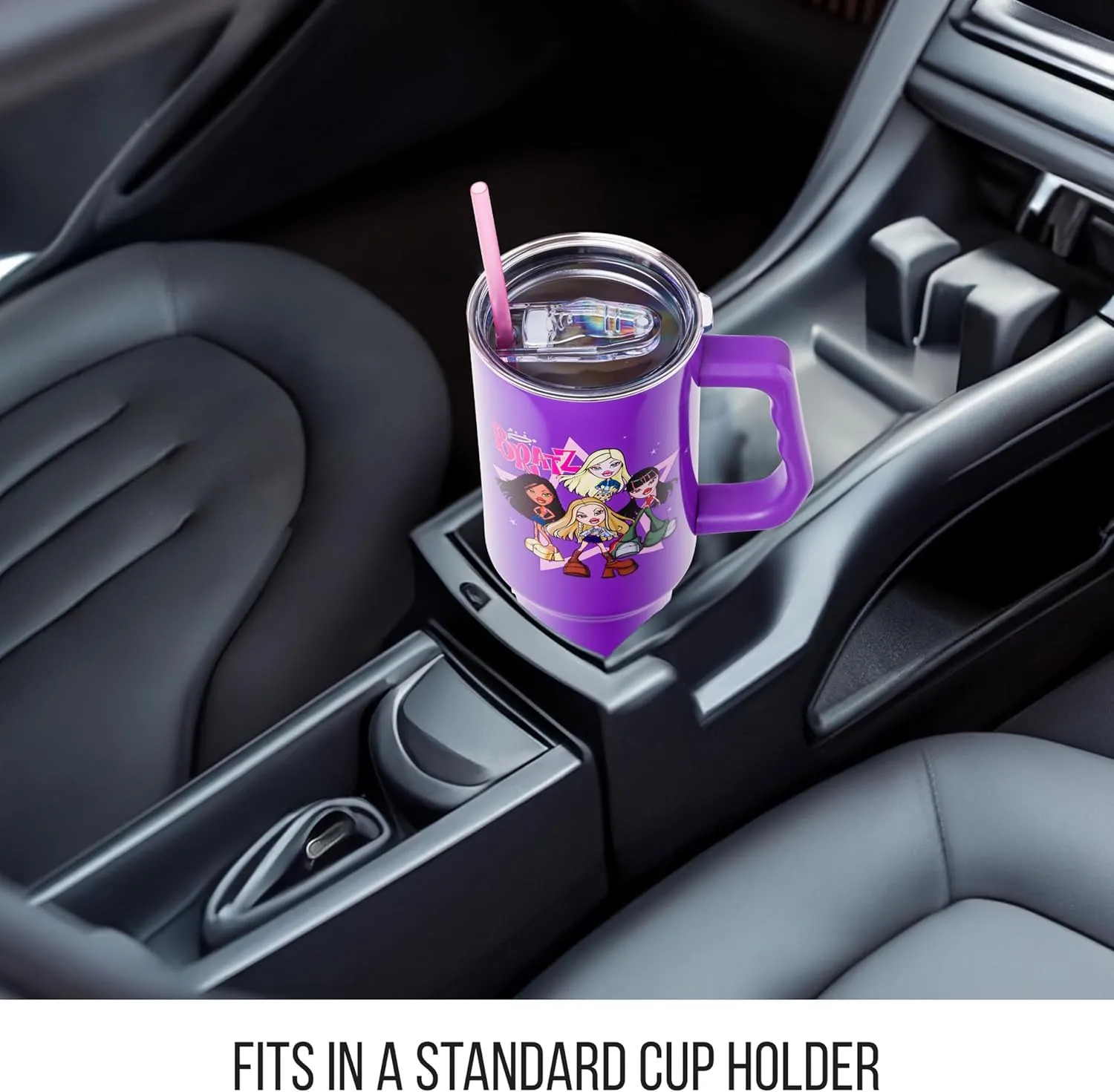 Silver Buffalo Bratz Featuring Cloe, Yasmin, Jade, and Sasha Stainless Steel Tumbler with Handle and Straw, Fits in Standard Cup Holder, 40 Ounces
