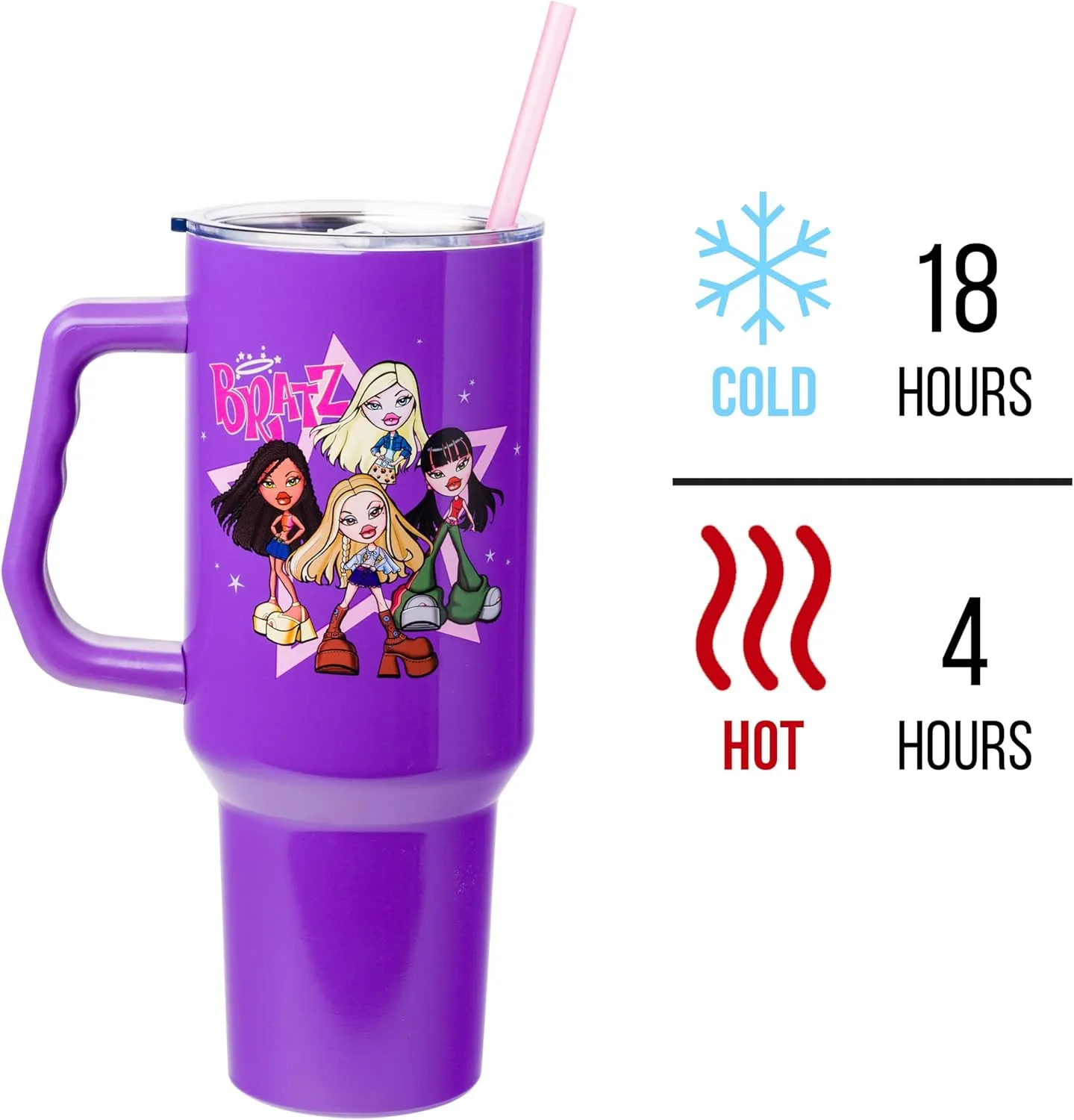 Silver Buffalo Bratz Featuring Cloe, Yasmin, Jade, and Sasha Stainless Steel Tumbler with Handle and Straw, Fits in Standard Cup Holder, 40 Ounces