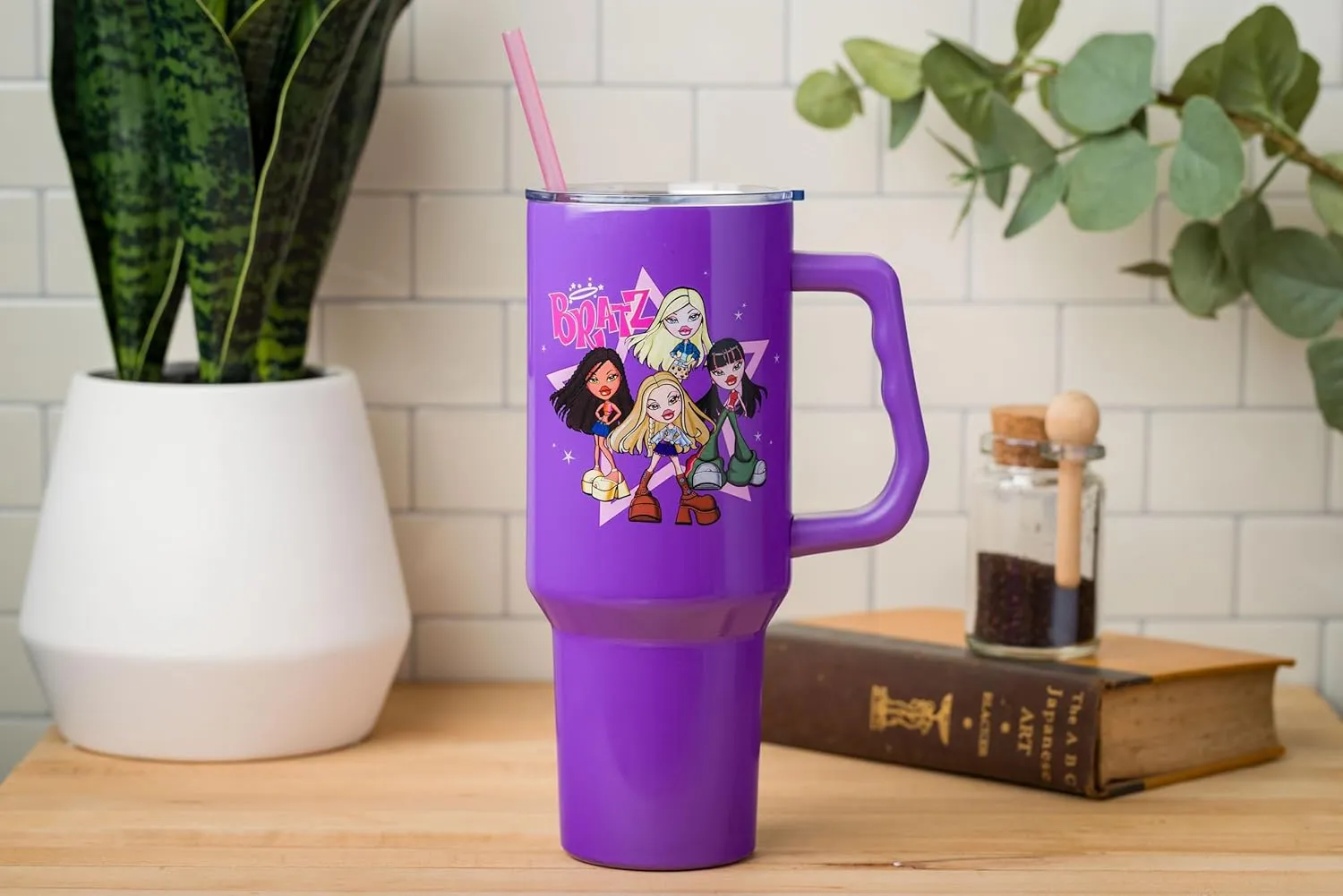 Silver Buffalo Bratz Featuring Cloe, Yasmin, Jade, and Sasha Stainless Steel Tumbler with Handle and Straw, Fits in Standard Cup Holder, 40 Ounces