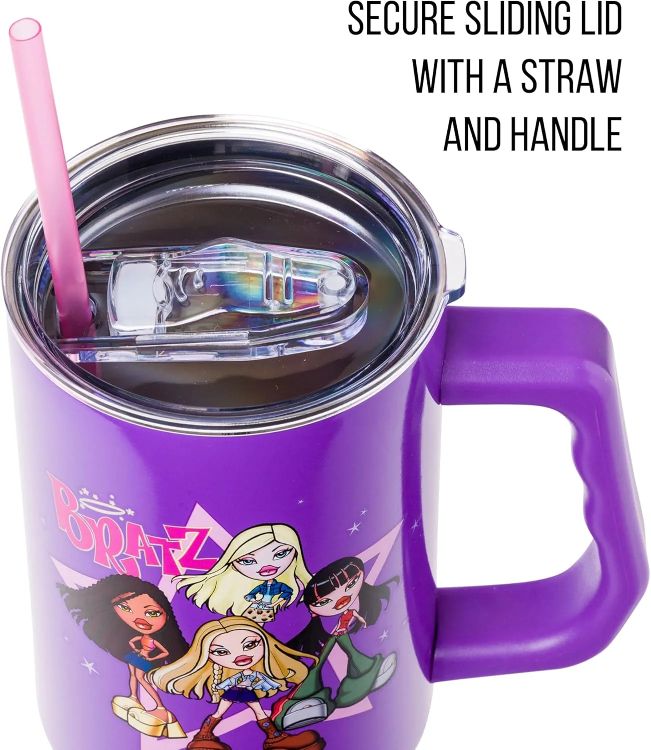 Silver Buffalo Bratz Featuring Cloe, Yasmin, Jade, and Sasha Stainless Steel Tumbler with Handle and Straw, Fits in Standard Cup Holder, 40 Ounces