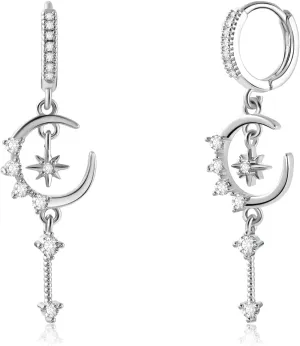 Silver Dangle Hoop Earrings for Women Star and Moon Earrings Huggie with Cubic Zirconia Celestial Space Style