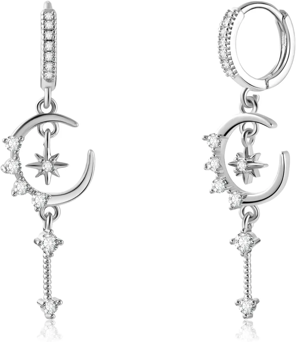 Silver Dangle Hoop Earrings for Women Star and Moon Earrings Huggie with Cubic Zirconia Celestial Space Style