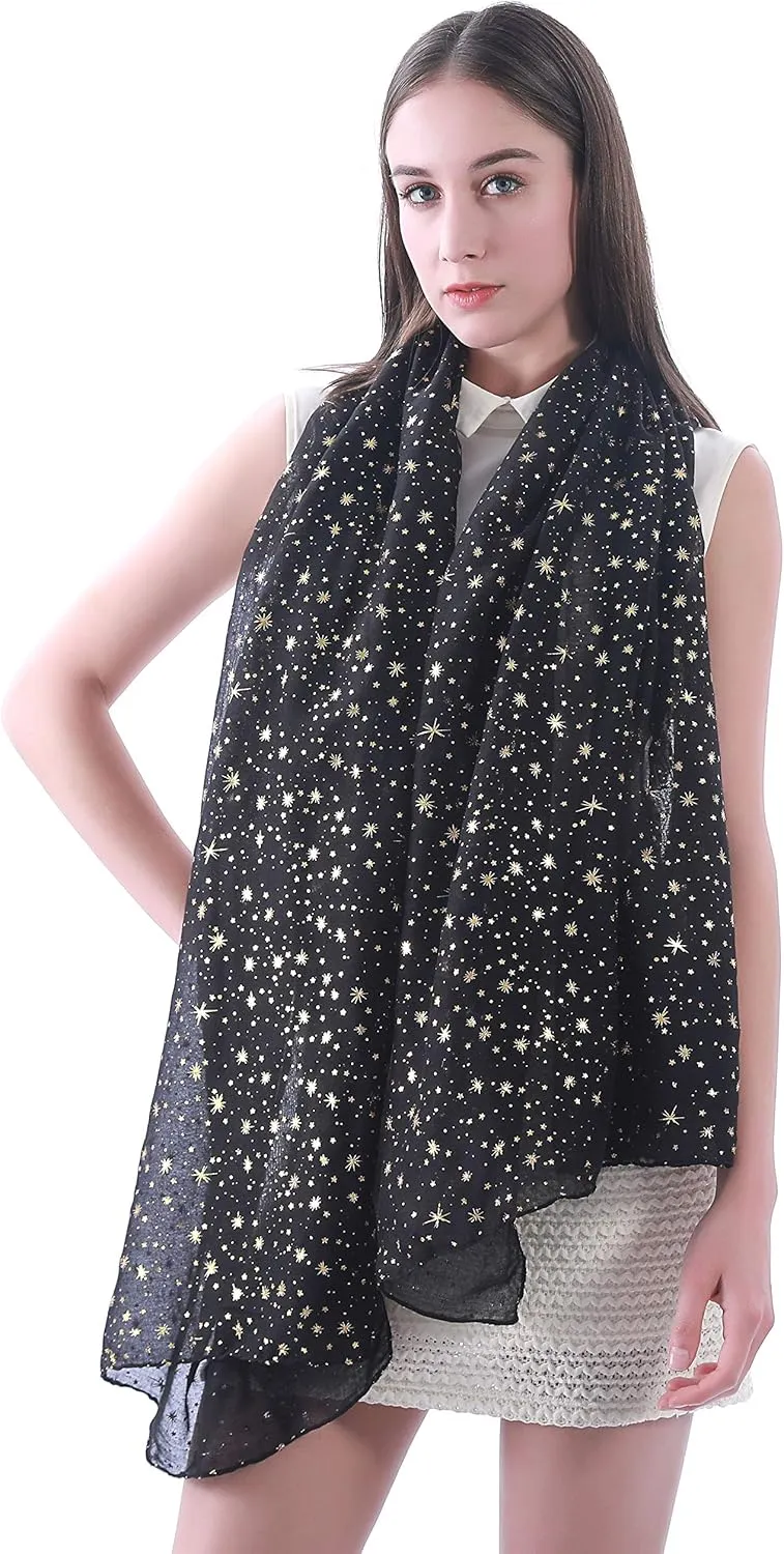 Silver Gold Glitter Shimmer Sparkle Foil Star Print Women's Scarf Shawl Wrap Lightweight