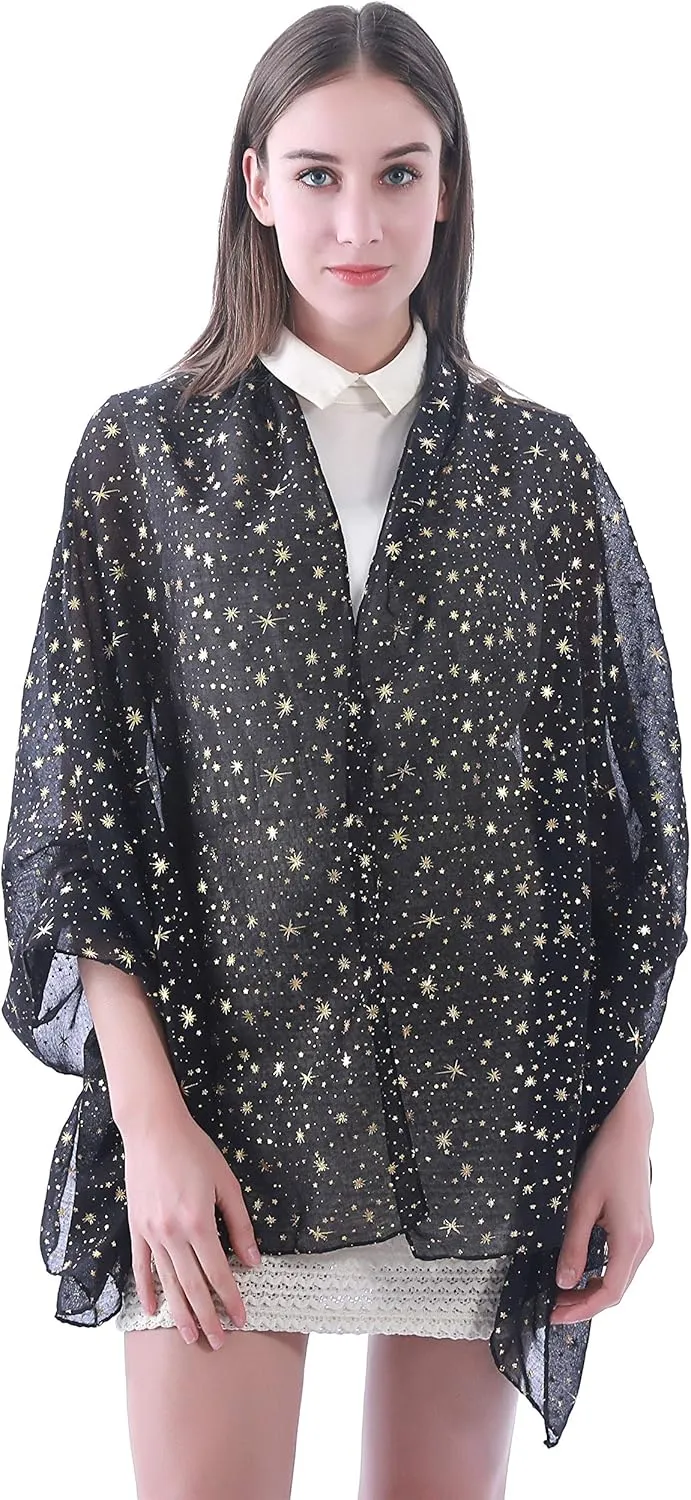 Silver Gold Glitter Shimmer Sparkle Foil Star Print Women's Scarf Shawl Wrap Lightweight