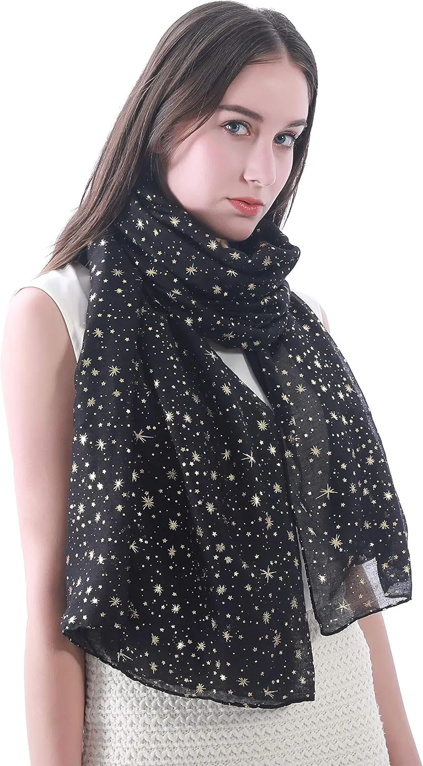 Silver Gold Glitter Shimmer Sparkle Foil Star Print Women's Scarf Shawl Wrap Lightweight