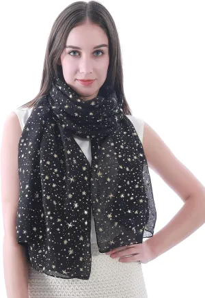 Silver Gold Glitter Shimmer Sparkle Foil Star Print Women's Scarf Shawl Wrap Lightweight